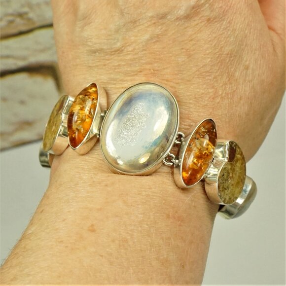 Rare Multi Stone 925 Silver Link Toggle Bracelet With Amber Ammonite Druzy MOP - Picture 15 of 16